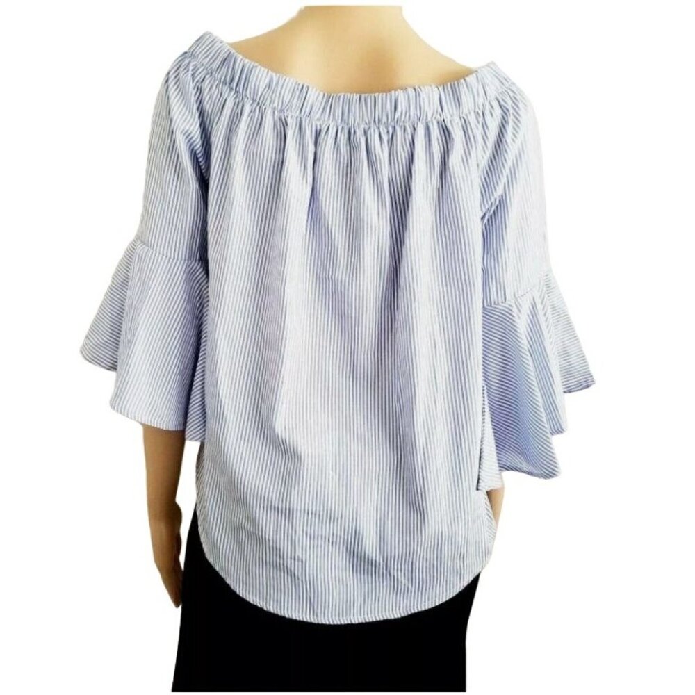 Kontrol Contemporary Blue & White Stripe Off-Shoulder 3/4 Sleeve Blouse Medium - Picture 3 of 13